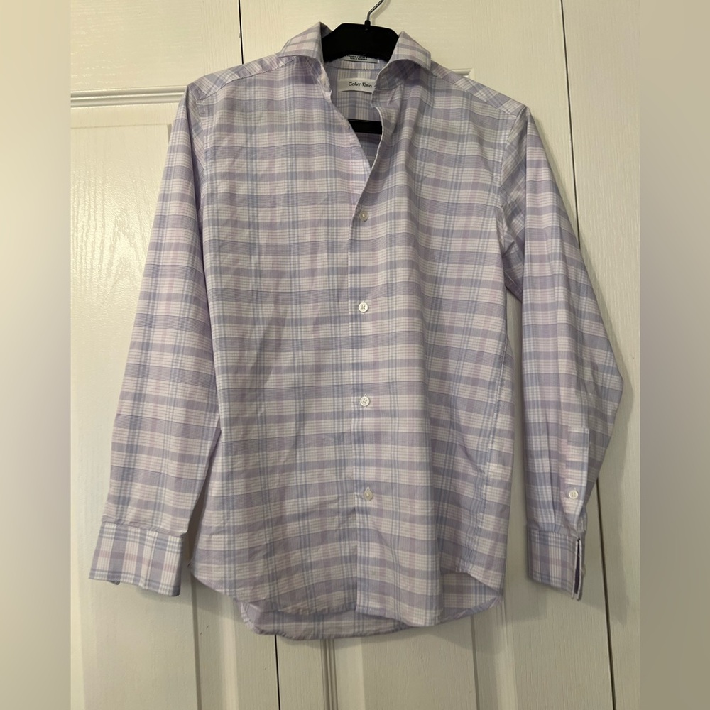 Calvin Klein Big Boys Plaid Purple Button Down Dress Shirt-SIZE 12